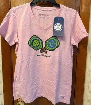 Life Is Good Pink V‑Neck Tee with Pickleball Graphic thumbnail 1
