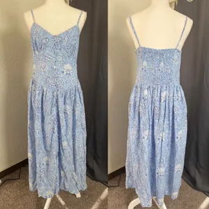 Roller‎ Rabbit Midi Dress Medium Blue White Floral Smocked Button Front NWT thumbnail 2