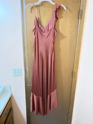 Anthropologie One-Shoulder Ruffled High-Low Midi Dress in Brown thumbnail 6