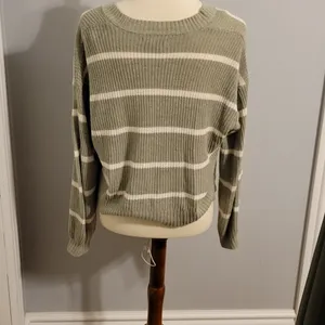 American Eagle Outfitters Olive Green and White Striped Cropped Cardigan thumbnail 3