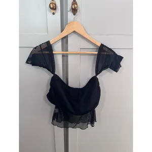 Black Mesh Off Shoulder Crop Top Sheer Flutter Sleeve Draped Sweetheart thumbnail 2