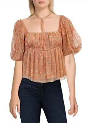 Free People‎ Penelope Printed Smocked Peplum Top Orange Size L thumbnail 1