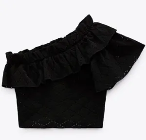 Zara One Shoulder Eyelet Ruffle Top Black Large Stretchy thumbnail 2