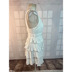 Saints & Secrets White Plunging Neck Ruffle Tiered Sleeveless Mini Dress Medium thumbnail 5