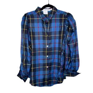 Gretchen Scott Plaid Puff Sleeve Blouse Women Medium Blue Excellent Tartan Top thumbnail 3