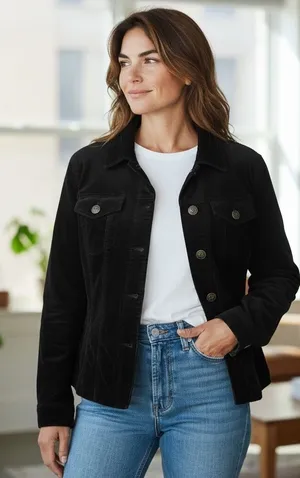 Black Corduroy Button Up Trucker Cotton Jacket Moto Edgy Comfy Streetwear Size M thumbnail 1