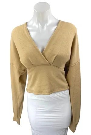 Free People Cream Tan Long Sleeve Faux Wrap V-Neck Crop Sweater Blouse Top Sz L thumbnail 1