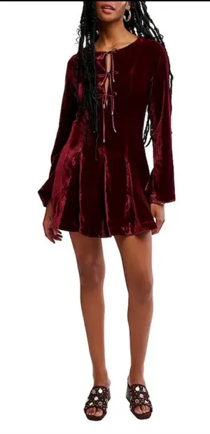 NWT free people Linney V-Neck Tie Front Long Sleeve Velvet Mini Dress thumbnail 1
