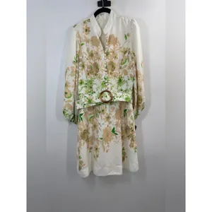 Tahari Border Print Belted Long Sleeve Dress Ivory Fern thumbnail 5