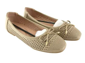 Womens Ballet Flats Faux Leather Laser Cut Bow Beige Nude Shoes Size 41 US 10 thumbnail 1