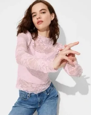 Wild Fable Pastel lace Sheer long-sleeve sequin mock neck coquette girl fairy thumbnail 1