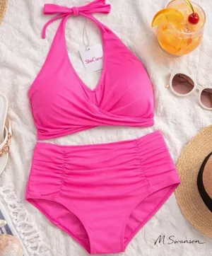 NEW SheCurve Swimwear Vibrant Pink High Waisted Halter Bikini Set XL NWT thumbnail 1