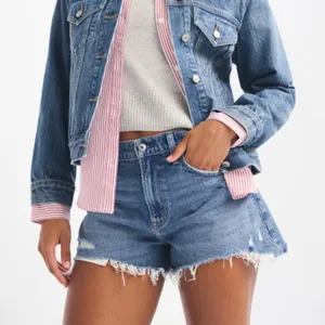 Abercrombie | The 4" Mom High Rise‎ Distressed Denim Shorts in Blue thumbnail 2