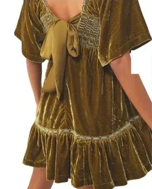 Free People Easy To Love Velvet Smocked Ruffle Mini Dress Size S Olive Green NEW thumbnail 1