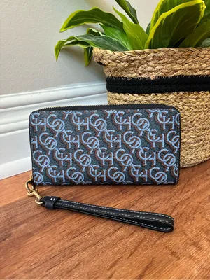 Coach Long Zip Around Wallet with Signature Monogram Print, Navy Blue / Gold thumbnail 16
