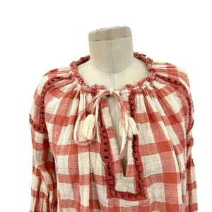 Free People Honey‎ Grove Top Pink Cream Plaid Check Size XS thumbnail 4