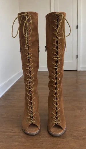 Yoki Vintage Cognac Suede Lace-Up Peep-Toe Boots thumbnail 1
