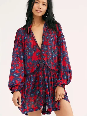 NEW Free People Red Floral Bohemian Keyhole Long Sleeve Mini Dress LRG Tunic thumbnail 2