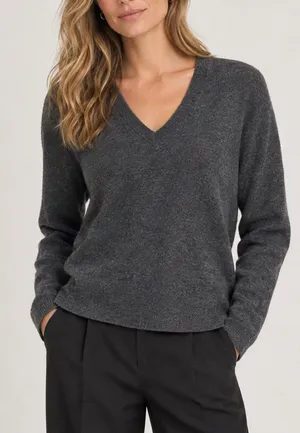100% Cashmere Ann Taylor V Neck Sweater Charcoal Grey Minimalist Preppy Luxury thumbnail 1