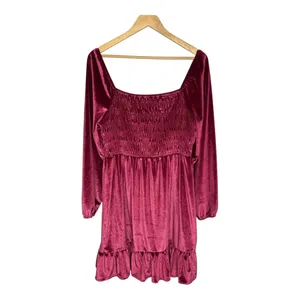 LC Lauren Conrad Velvet Mini‎ Dress Large Wine Red Smocked Ruffle Long Sleeve thumbnail 2