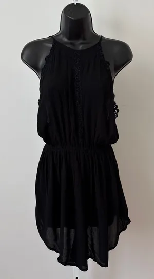 Free People Medium Black Romper Halter Neck Embroidered Gauze‎ Boho Festival thumbnail 1
