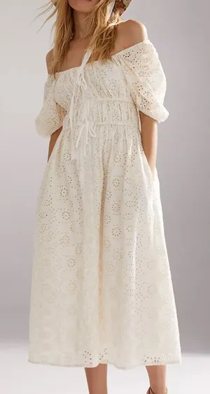 Anthropologie En Saison Puff Sleeve Midi Dress in white S thumbnail 1