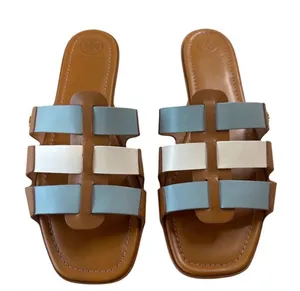 Tory Burch Ines Multi Strap Slides‎ Tan Blue White Leather Sandals 11 thumbnail 1