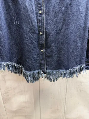 RISEN Dark Denim Distressed Snap Front Frayed Hem Jean Shirt Jacket Shacket thumbnail 2