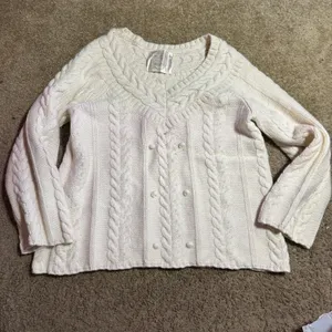 Old Navy Cream Cable Knit Cardigan V-Neck Double Breasted‎ Sweater Ivory L thumbnail 2
