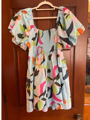 Women's Puff Short Sleeve Dress - A New Day Blue Floral Medium thumbnail 6