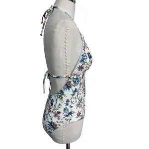 Cupshe M Cream Floral One Piece Swimsuit Halter Neck Crochet Trim Beach Swim New thumbnail 3
