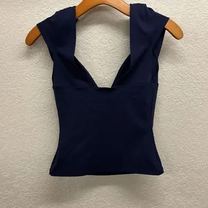 Free People Navy Blue Fitted Plunge Neck Cap Sleeve Top Size S thumbnail 5