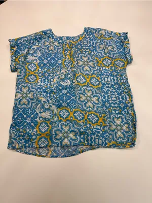 Ann Taylor Linen Blue Patterned Cap-Sleeve Blouse  Size Medium thumbnail 2