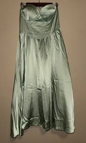 Sage Green Satin Strapless Sweetheart Corset Midi Dress Women L Fairycore Event thumbnail 1