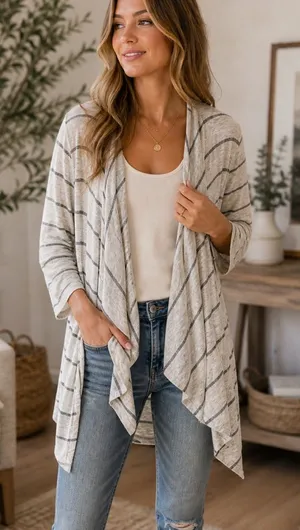 AEO Cream‎ Lightweight Striped Waterfall Open Front Cardigan thumbnail 1