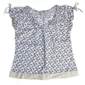 Banana Republic Blue White Brown Tie Sleeve Floral Cotton Top, Sz Medium thumbnail 1