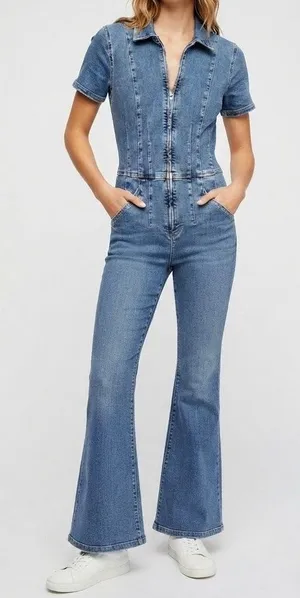 FP We The Free Jayde Flare Denim Jumpsuit Blue Zip Front Retro Romper Size L thumbnail 1