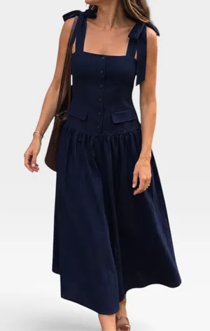 NWT English Factory Silk Blend Square Neck Navy Tie-Shoulder Maxi Dress SMALL thumbnail 1