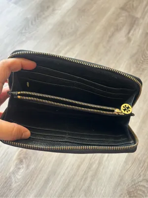 Tory Burch Black Leather Zip-Around Wallet with Gold Logo Emblem thumbnail 4