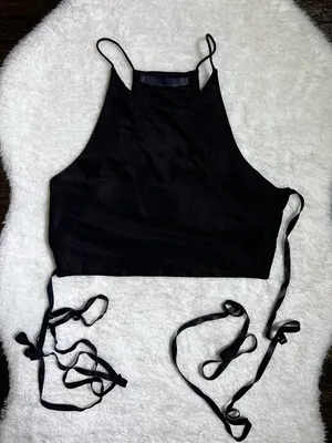 Zara Black Satin Halter Strappy Crop Top Medium thumbnail 1