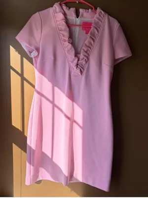 Lilly Pulitzer Pink and white Ruffle V-Neck Short Sleeve Dress, Size Medium thumbnail 1