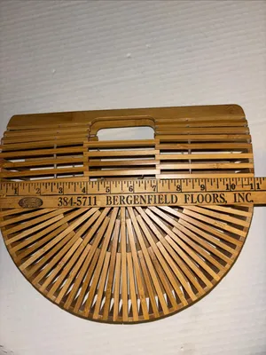 Tan Bamboo Structured Slat Handbag Fan Shaped Semi Circular Design Top Handles thumbnail 8