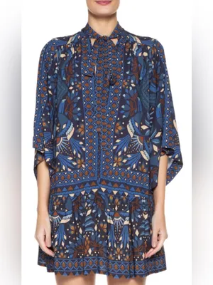 Farm Rio Tropical Magic Blue Patterned Tie-Neck Women’s Dress Size Medium thumbnail 2