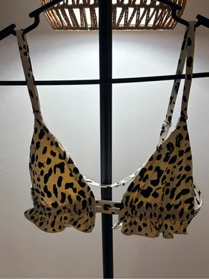 Leopard Print Ruffle swim top in Cream and Black thumbnail 2