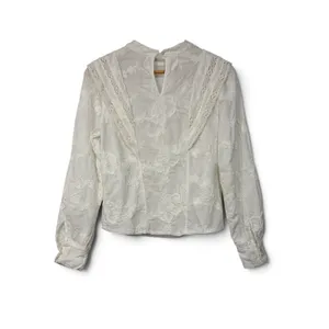 Ultra Pink White Embroidered Lace Victorian Mock Neck Cotton Blouse Top Medium thumbnail 2