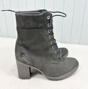 Timberland Women's Dark Gray Suede Lace-Up Block Heel Ankle Boots Size 9 thumbnail 1