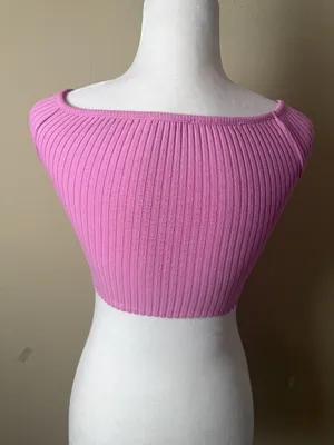 ZARA Pink Stretch Ribbed Crop Top Cap Sleeve V Neck Size Small thumbnail 3