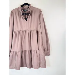 NWT En Saison Women Dress Brown Tiered Babydoll Mini V Neck Ruffle A Line Medium thumbnail 5