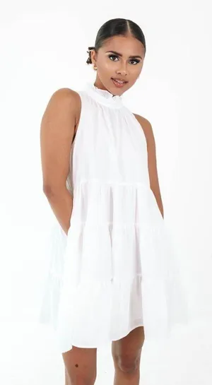 TCEC White Twirl Around Tier Mini Dress Halter Sleeveless Bridal Shower Spring S thumbnail 9