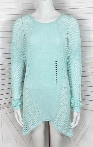 Paradise Shores Open Knit Mesh‎ Beach Sweater Swim Cover Aqua Green Medium thumbnail 1